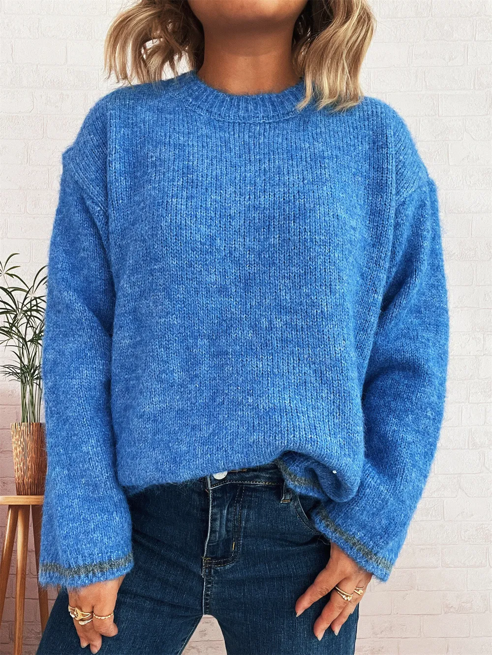 Contrast Trim Round Neck Cozy Sweater