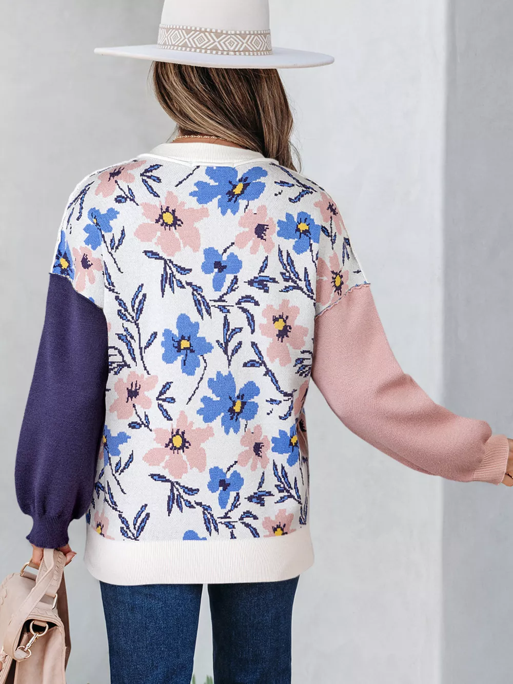 Floral Panel Colorblock Sleeve Patchwork Sweater, image 5