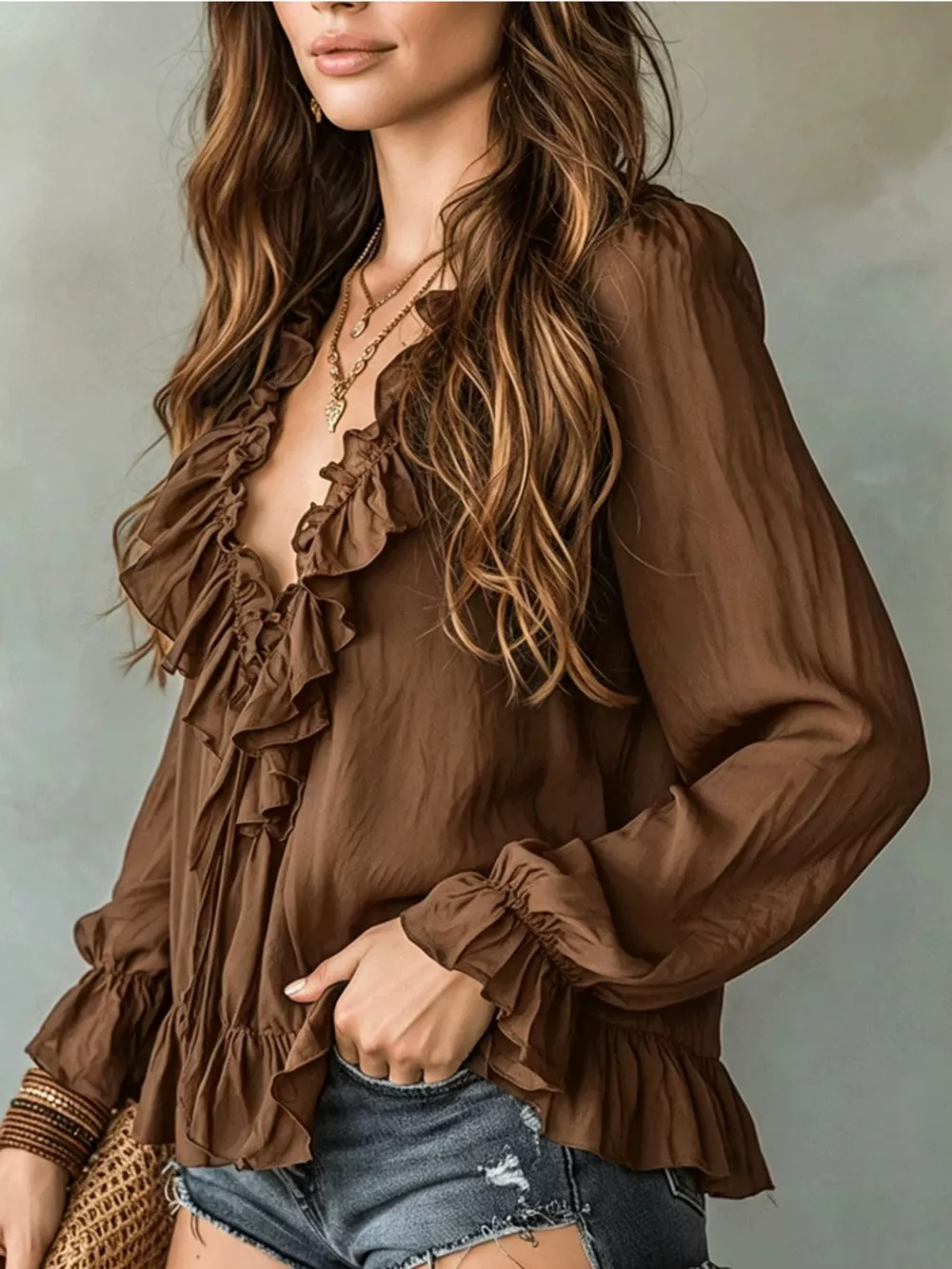 Ruffle V-Neck Long Sleeve Blouse, image 15