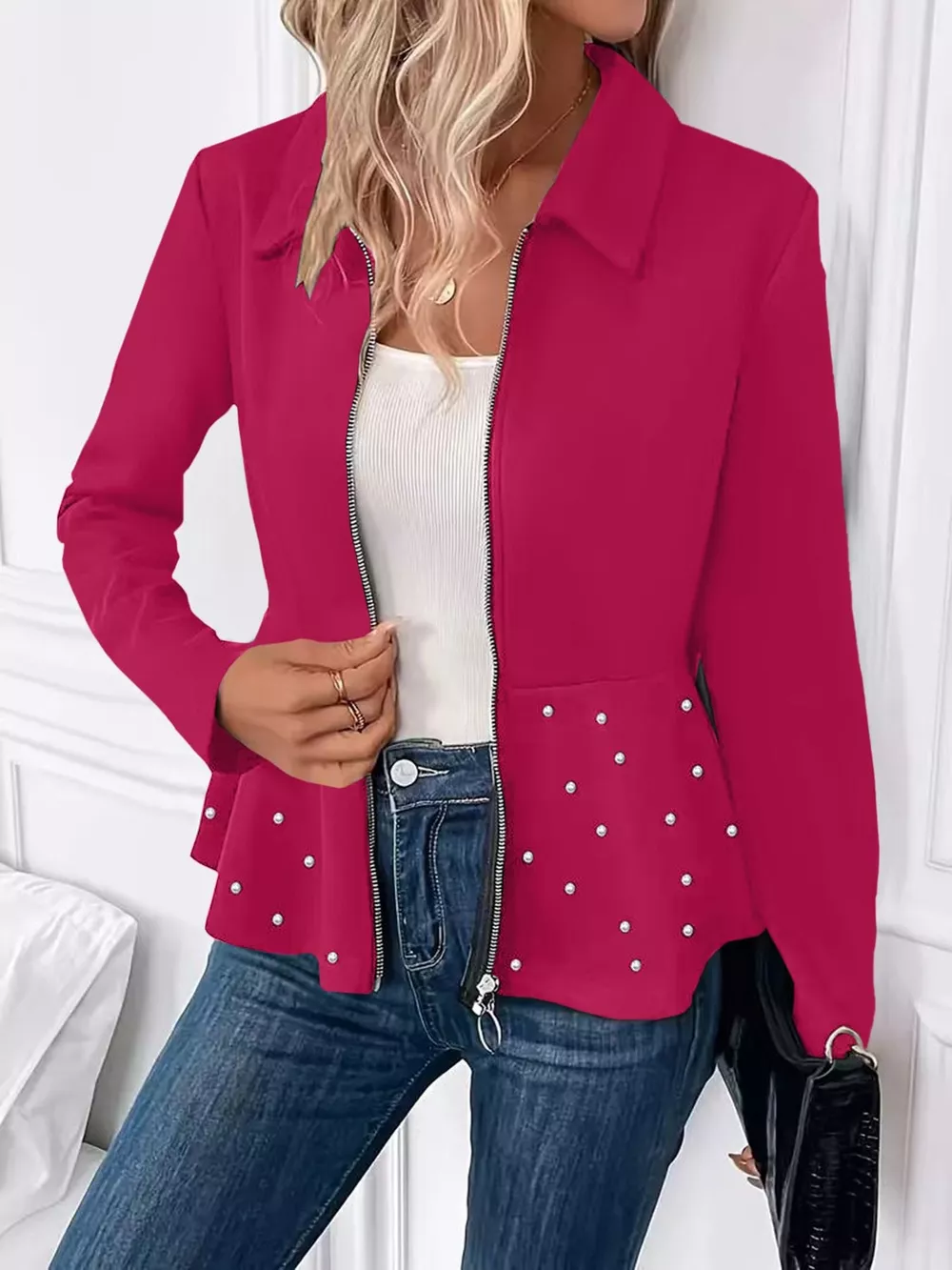 Pearl Embellished Zip-Up Peplum Outerwear, image 6
