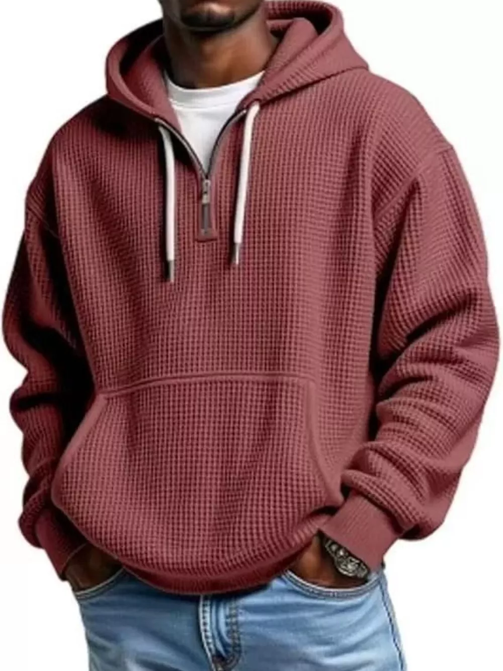 Men's Full Size Textured Waffle Knit Half-Zip Hoodie Plus Size, image 13