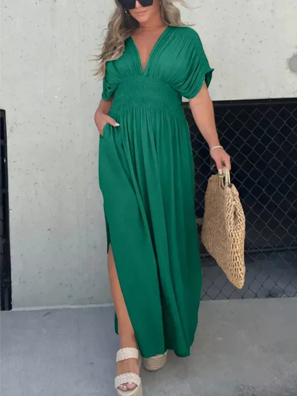 Full Size Slit V-Neck Smocked Waist Maxi Dress Plus Size, image 15
