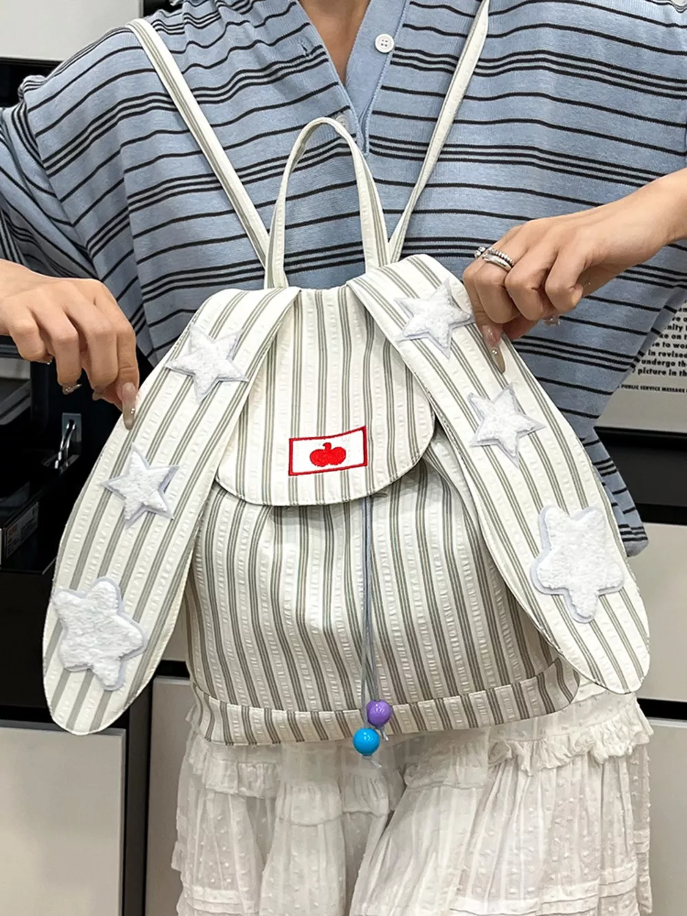 Striped Star Bunny Ear Backpack Bag, image 3