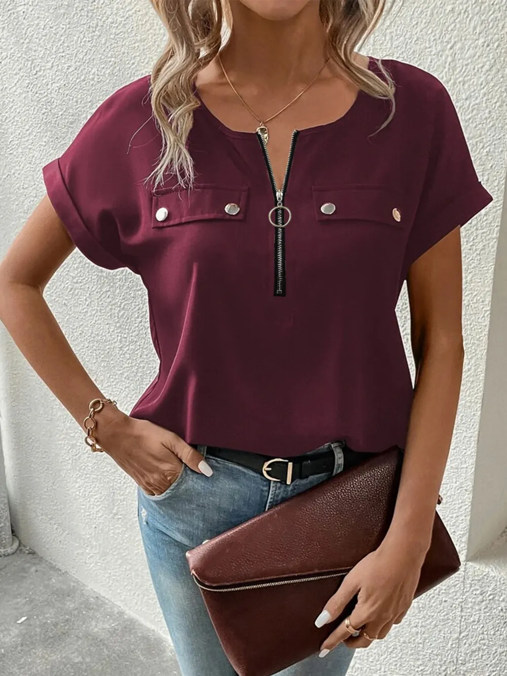 Casual Zipper Front Short Sleeve Blouse, image 12
