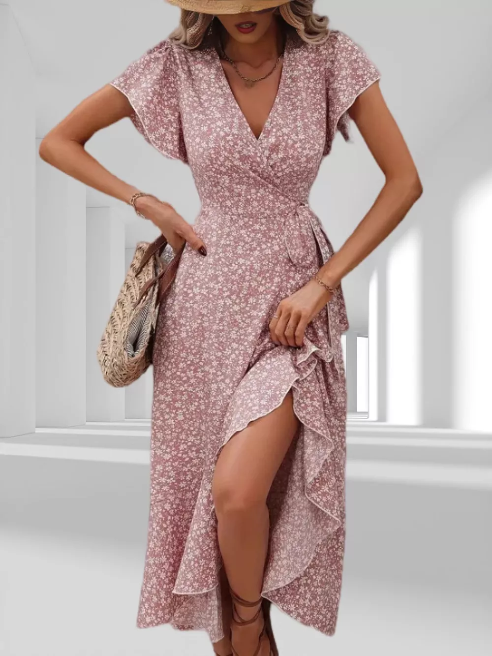 Floral Print Ruffle Hem Wrap Midi Dress, image 14