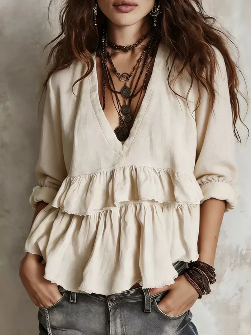Full Size Ruffled Hem V-Neck Blouse Plus Size, image 2