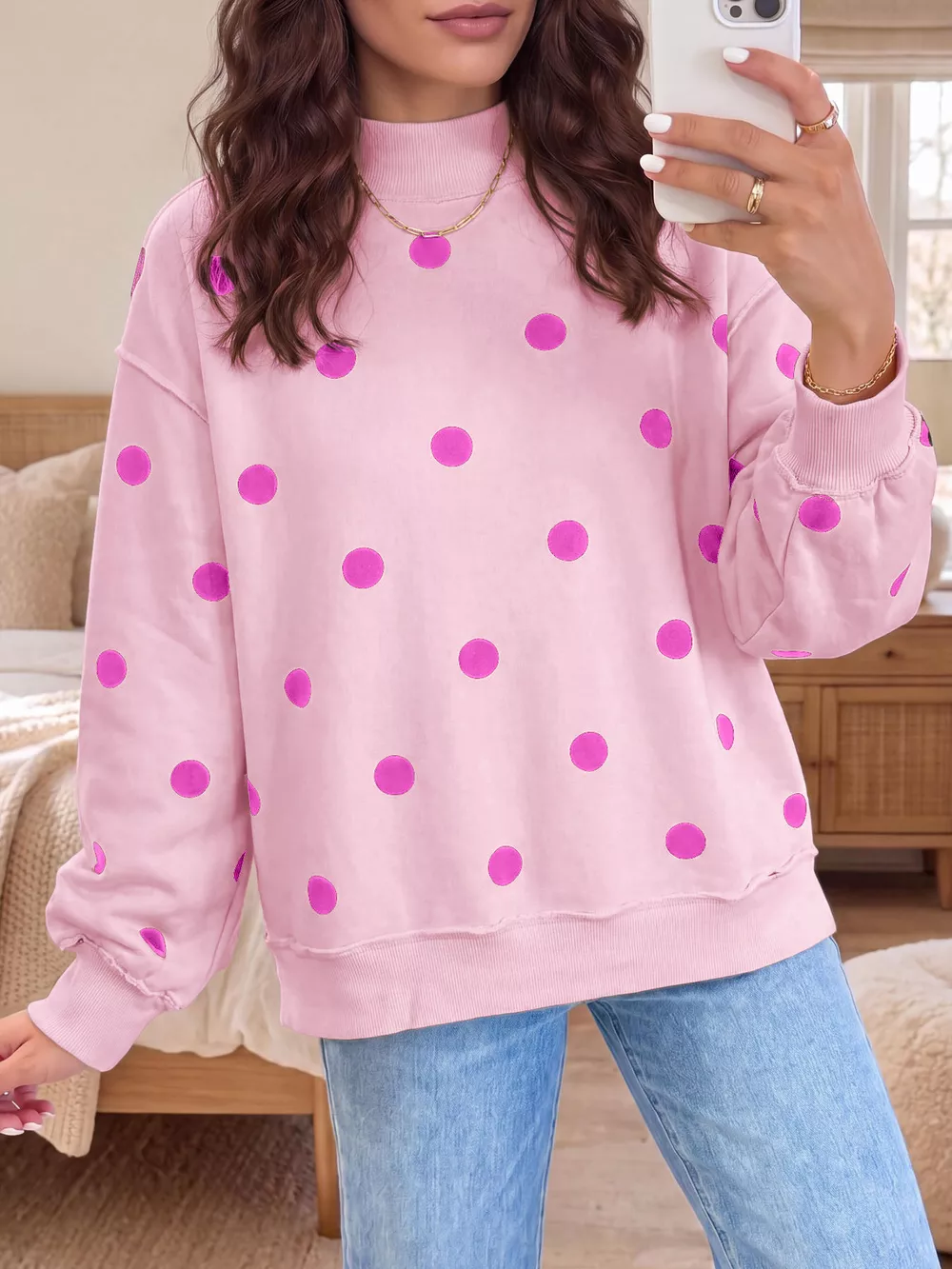 Polka Dot Mock Neck Oversized Sweatshirt