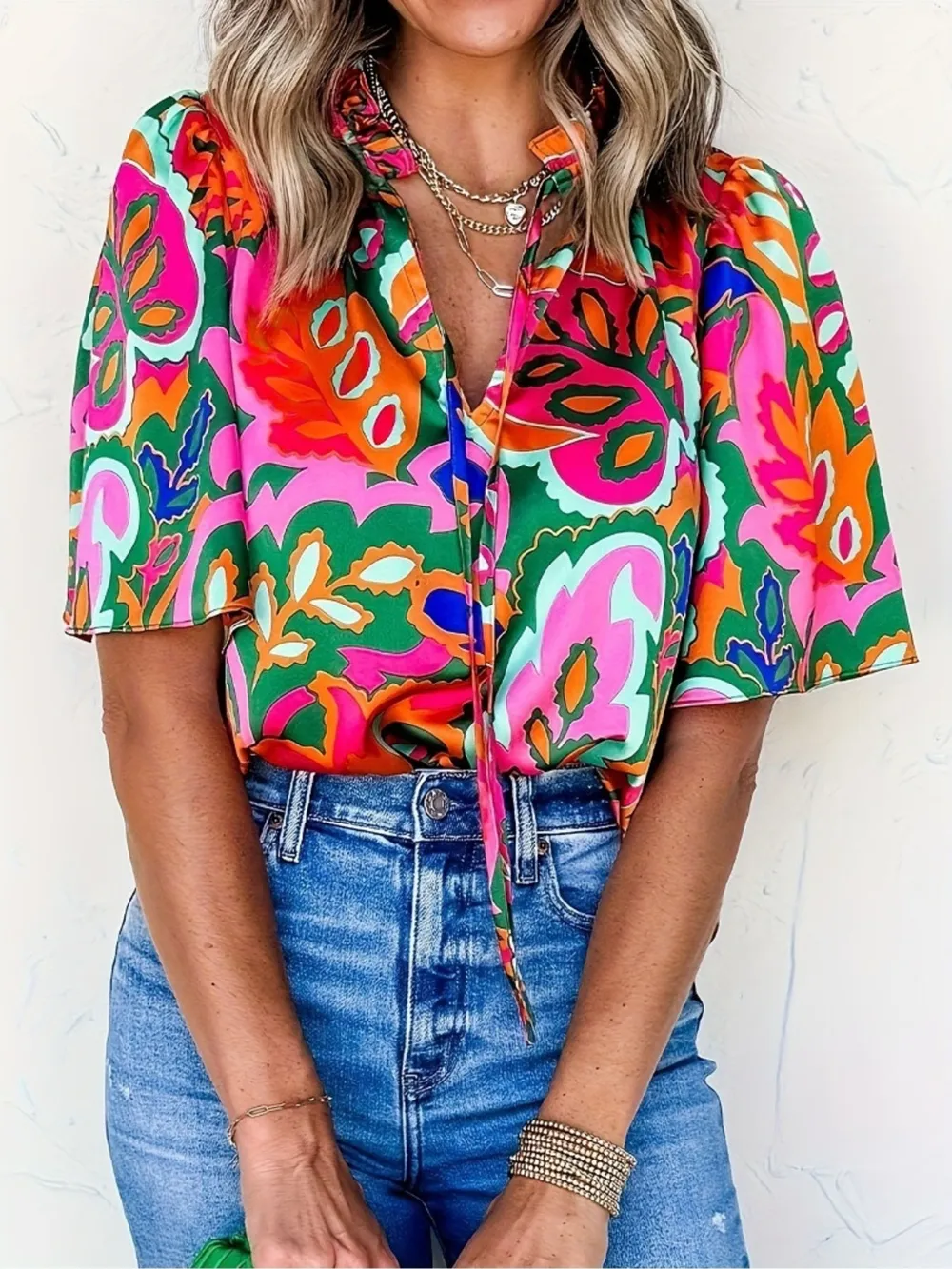 Printed Tie Neck Short Sleeve Blouse, image 3