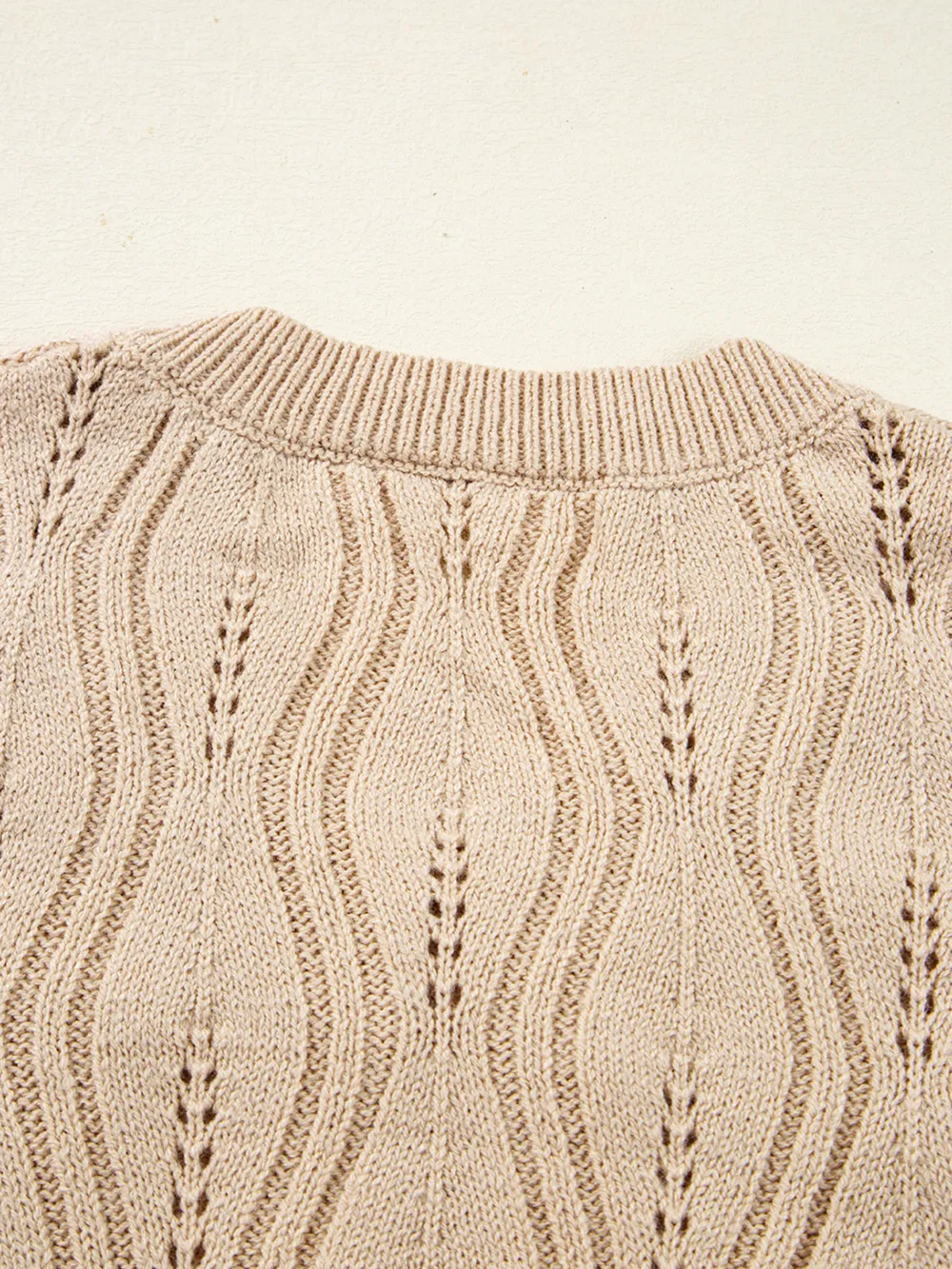 Pearl Beaded Pointelle Knit V Neck Lace Patchwork Sleeve Sweater, image 5