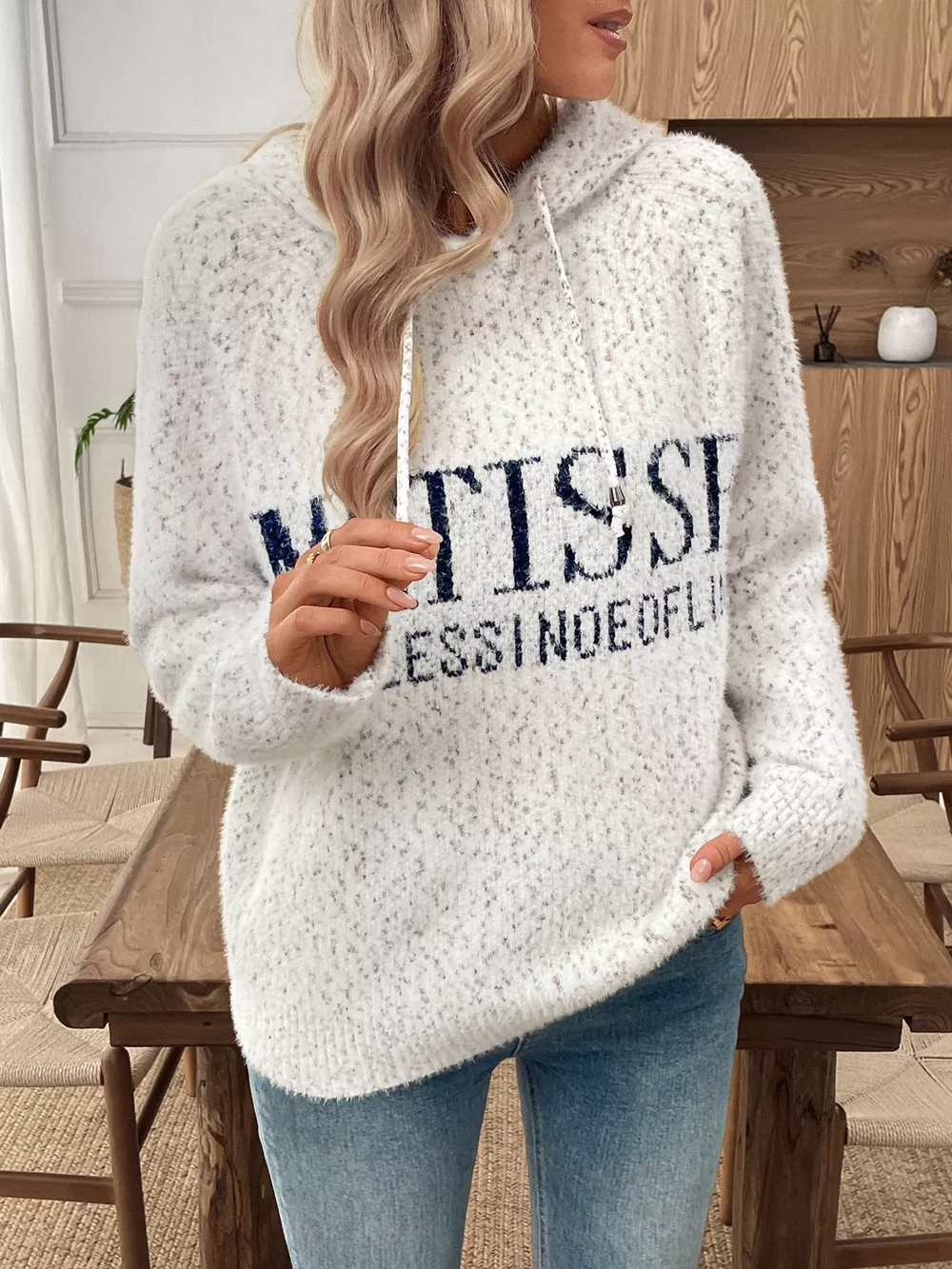 Fuzzy Letter Graphic Hooded Sweater, image 3