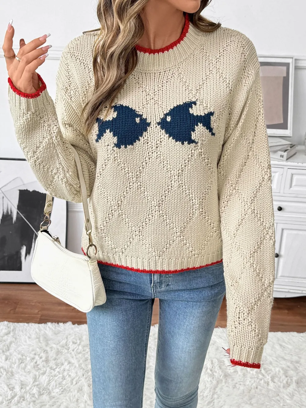Fish Pattern Round Neck Sweater, image 9