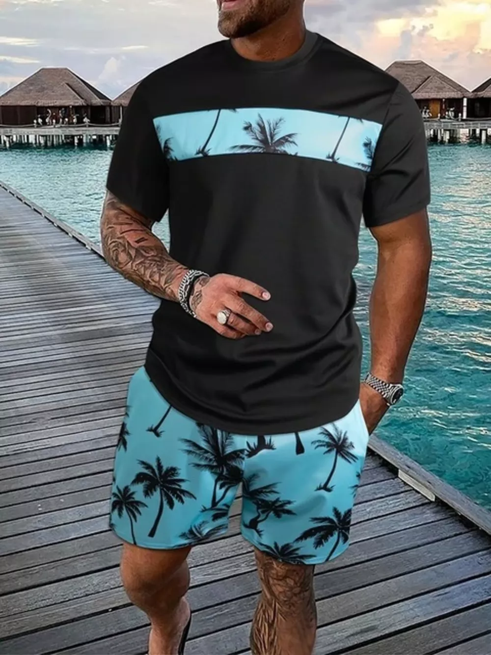 Men's Full Size Tropical Palm Tree Tee and Shorts Set Plus Size, image 5