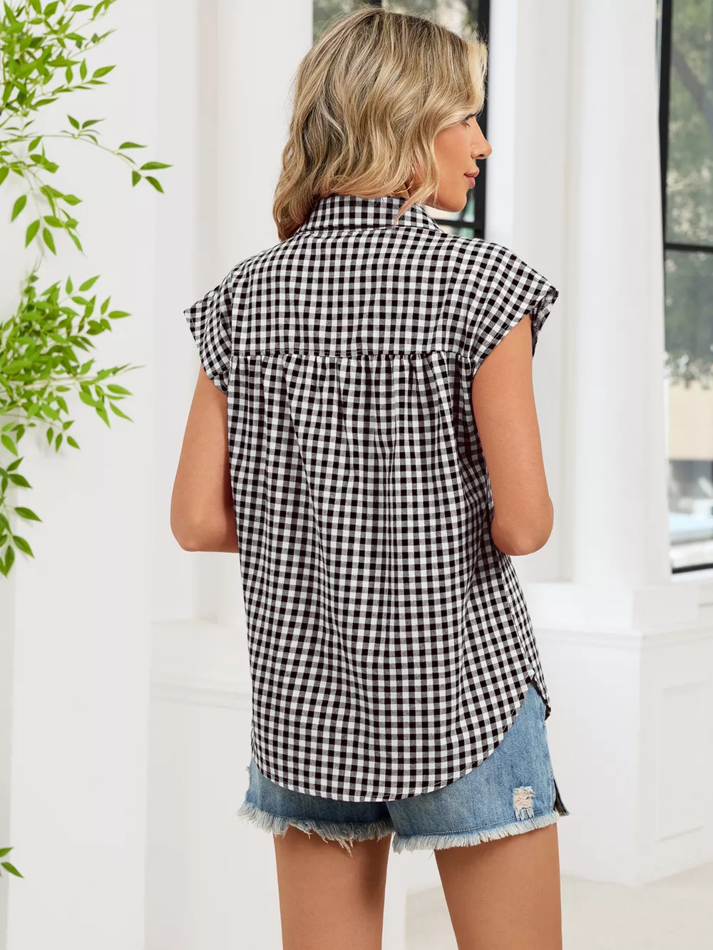 Plaid Button Up Cap Sleeve Shirt, image 19