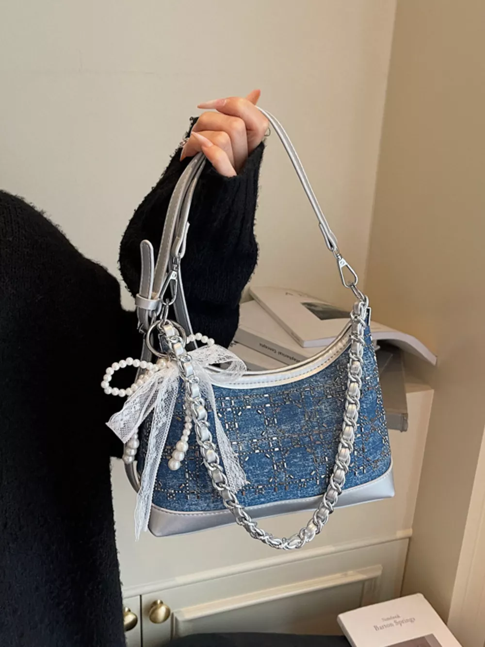 Tweed Pearl Decor Crossbody Bag, image 4