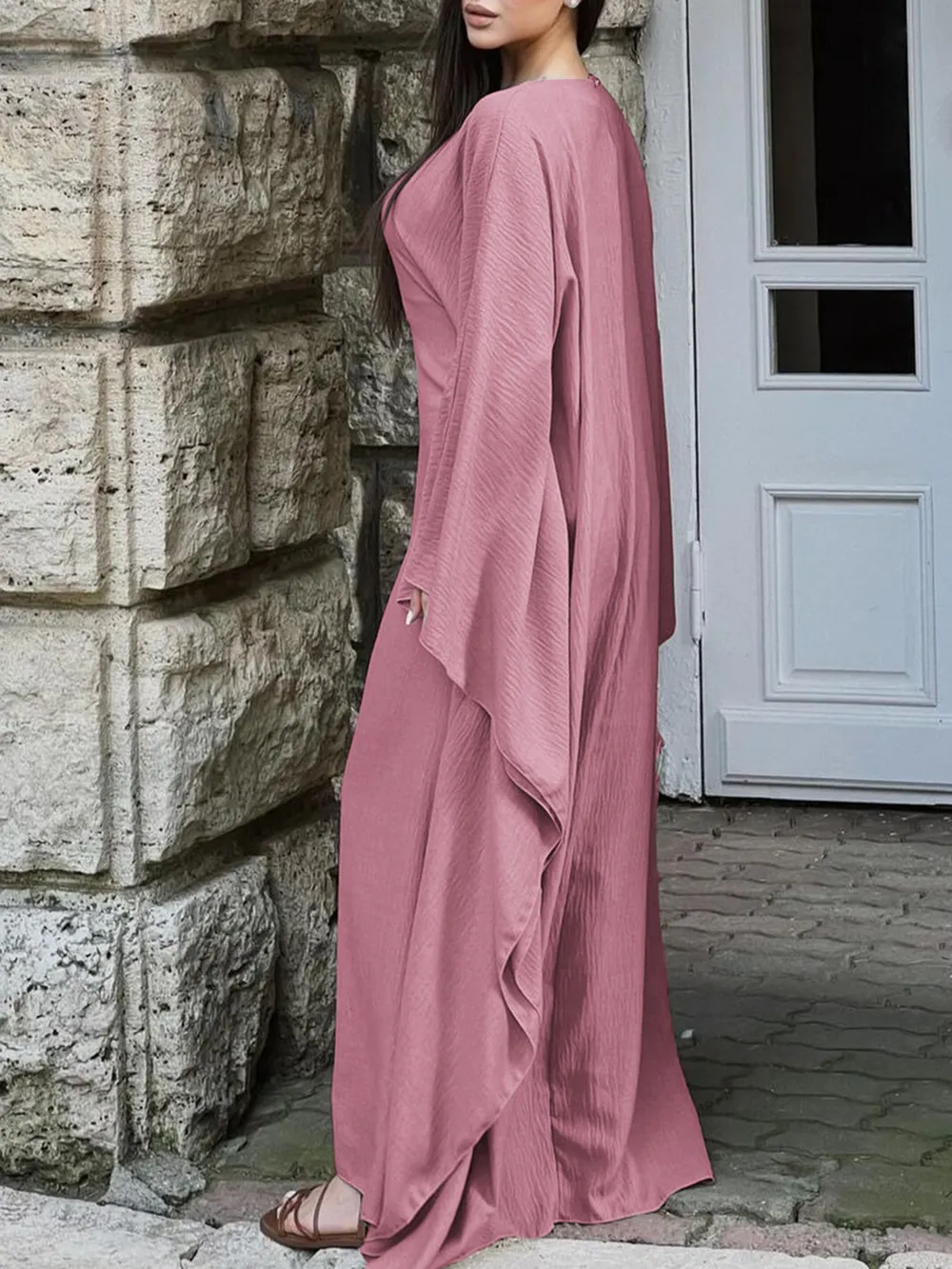 Round Neck Maxi Dress with Flowing Cape Sleeves, image 3