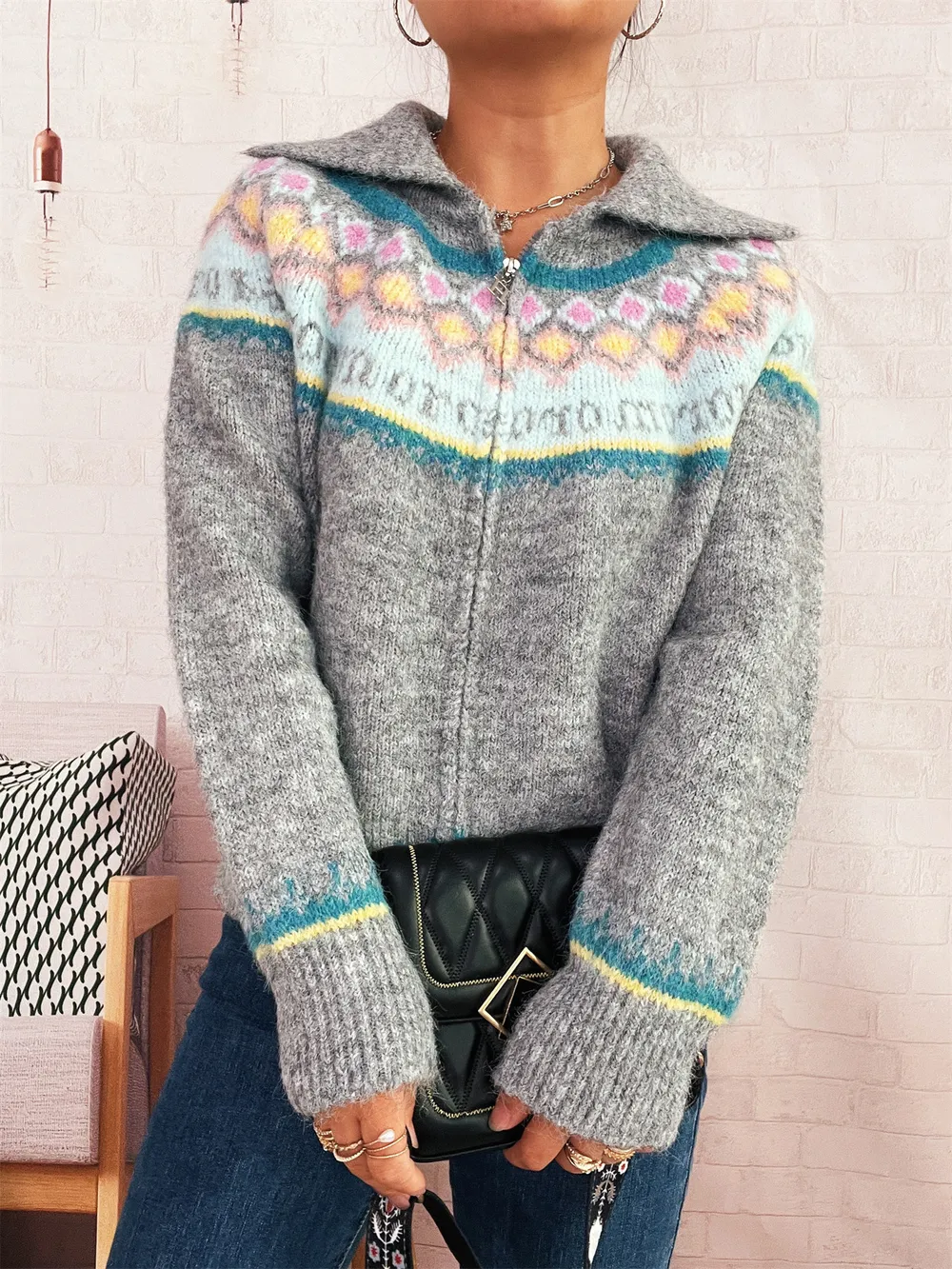 Fair Isle Pattern Zip-Up Cardigan, image 13
