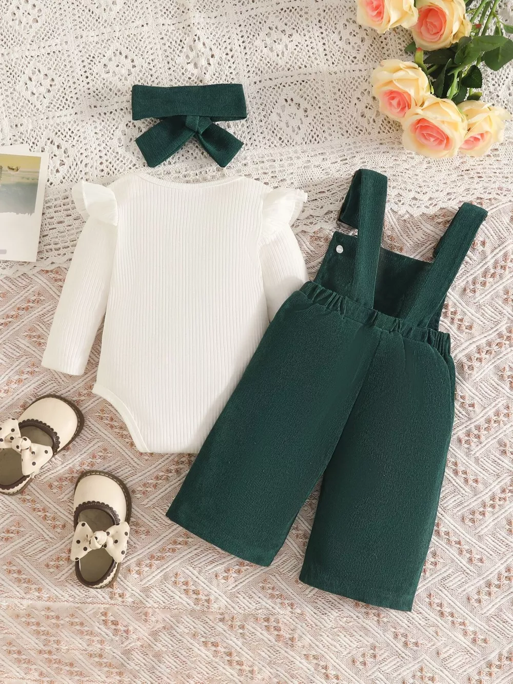 Children's Ribbed Bodysuit and Bow-Embroidered Overall Set with Headband, image 16