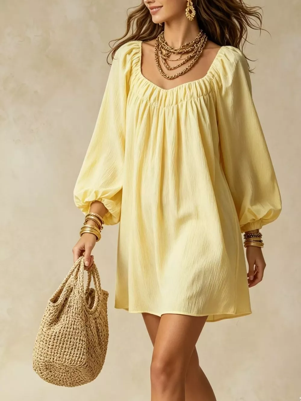 Flowy Balloon Sleeve Mini Dress, image 2