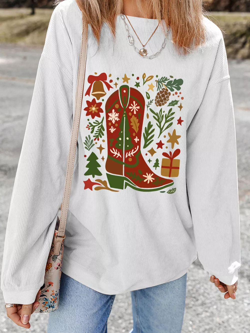 Christmas Leafy Boot Printed Corded Rib Drop Shoulder Sweatshirt, image 2