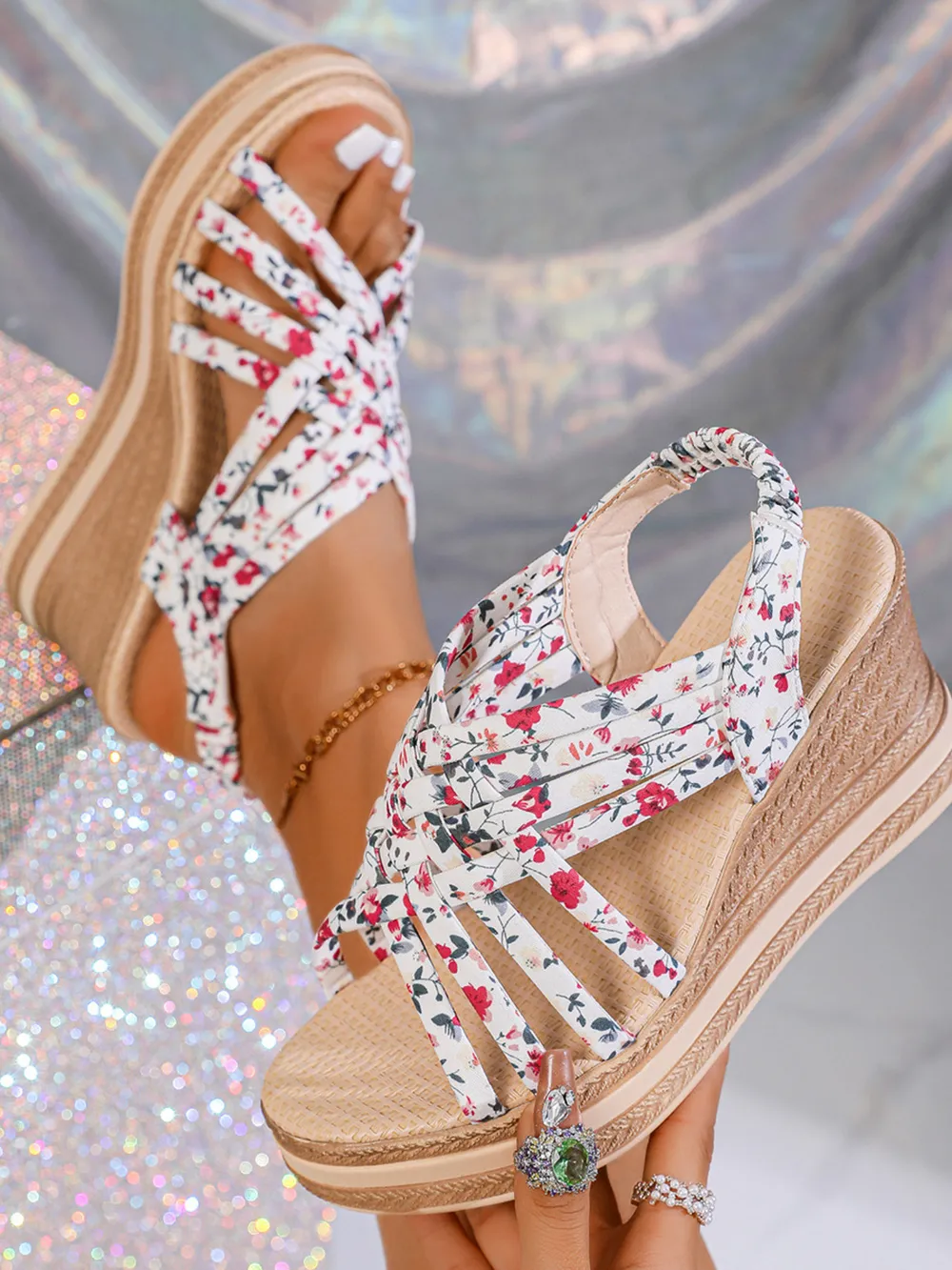 Open Toe Floral Print Strappy Platform Wedge Sandals, image 6