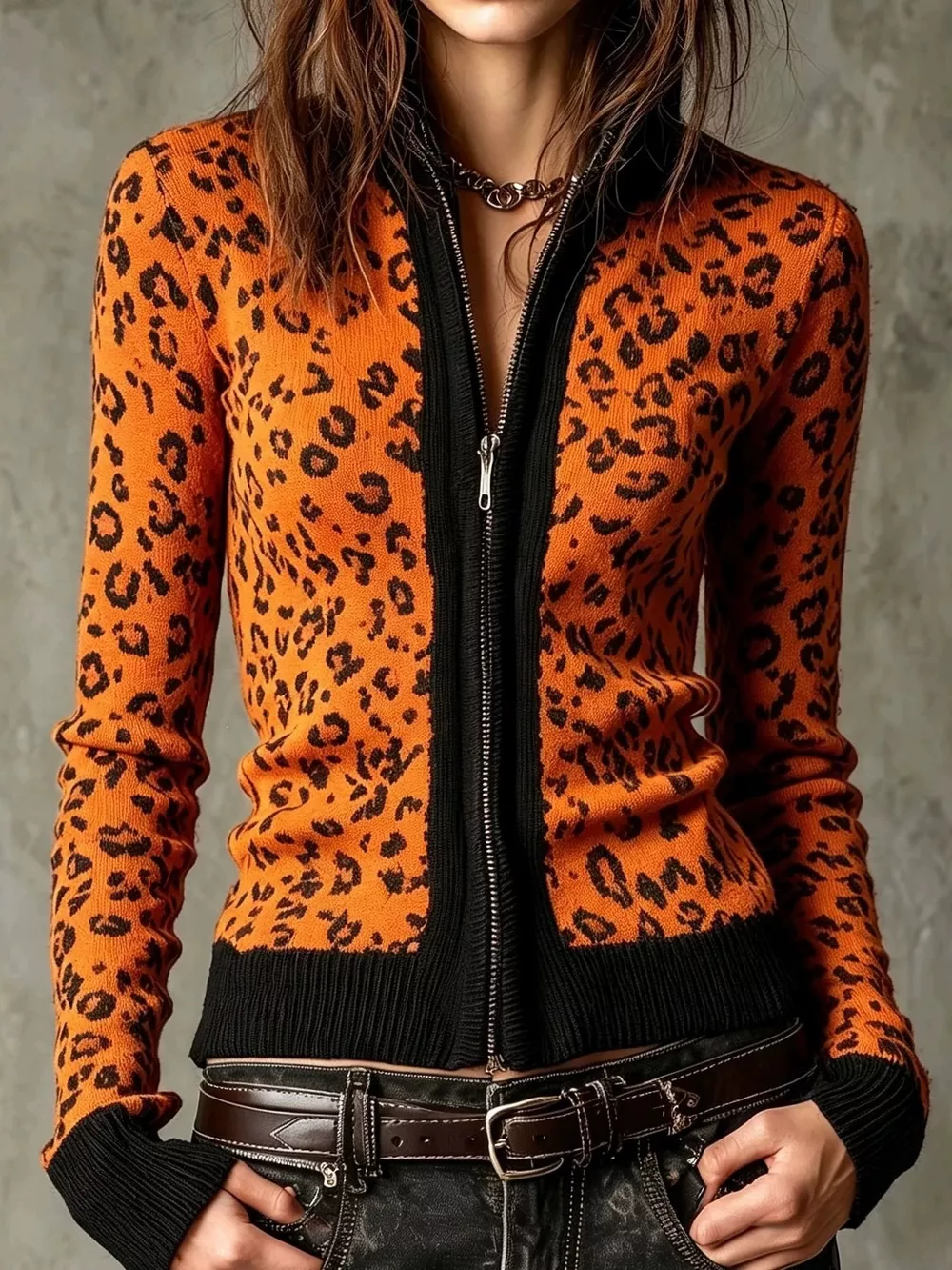 Leopard Zip-Up Knit Cardigan, image 2