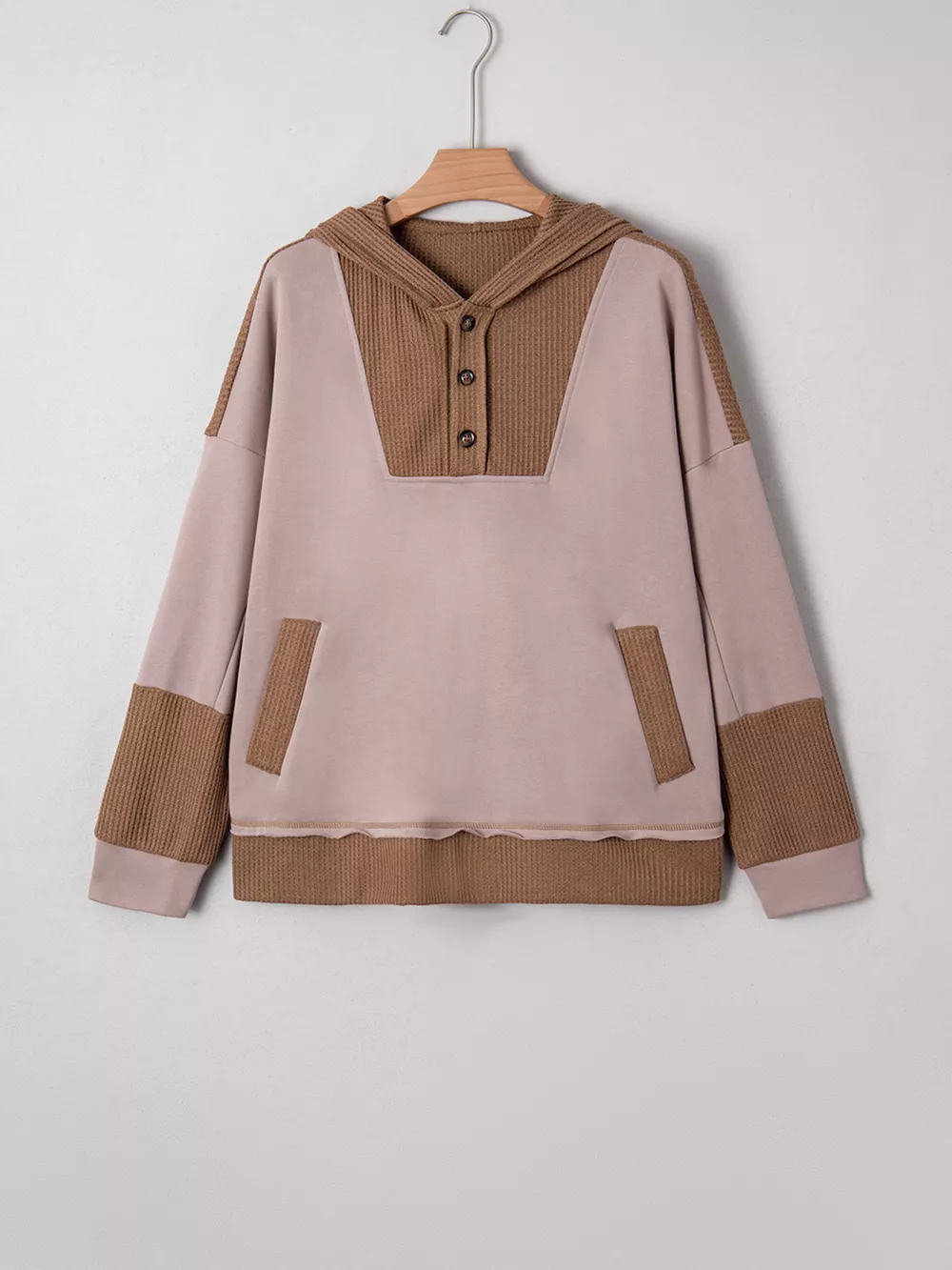 Oversize Waffle Patchwork Exposed Seam Casual Hoodie, image 2