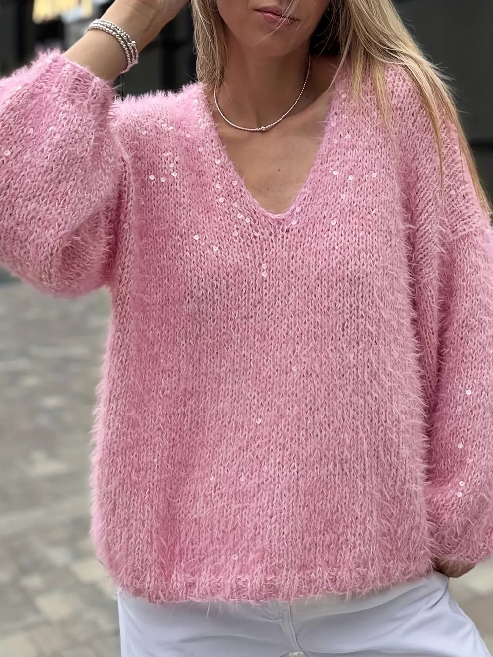 Sparkling Fuzzy V-Neck Knit Top, image 2