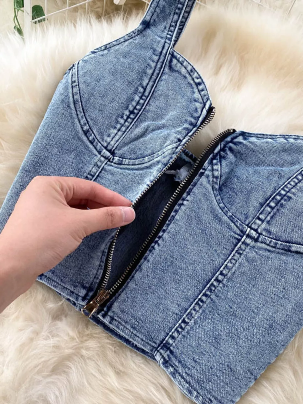 Zipper Top & Button Slit Skirt Denim Set, image 4
