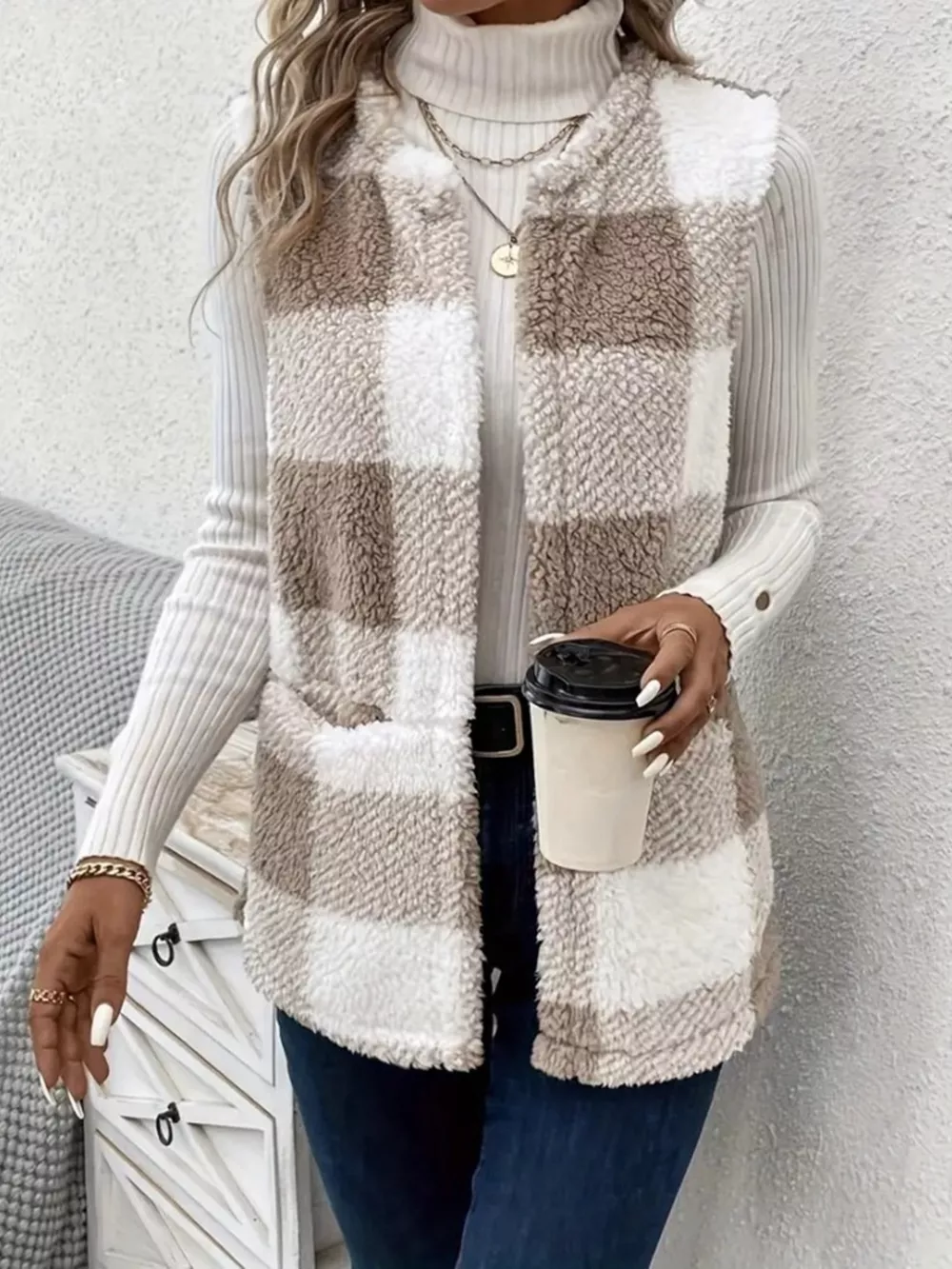Cozy Plaid Sherpa Vest Coat, image 2