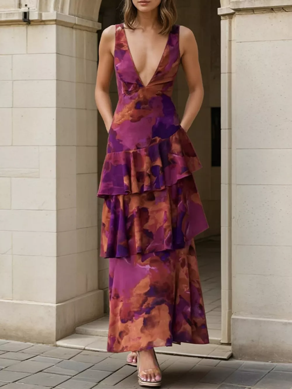 Floral V-Neck Ruffle Layered Maxi Dress, image 3