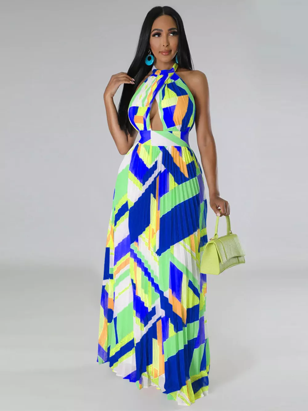 Halter Neck Geometric Print Pleated Maxi Dress, image 15