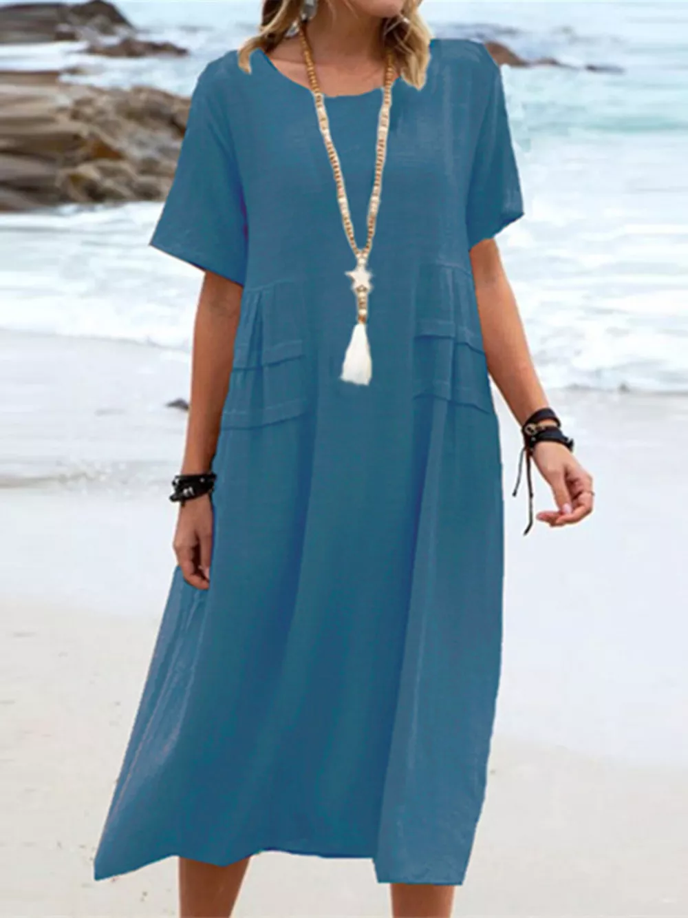Full Size Casual Linen Blend Midi Dress Plus Size, image 14