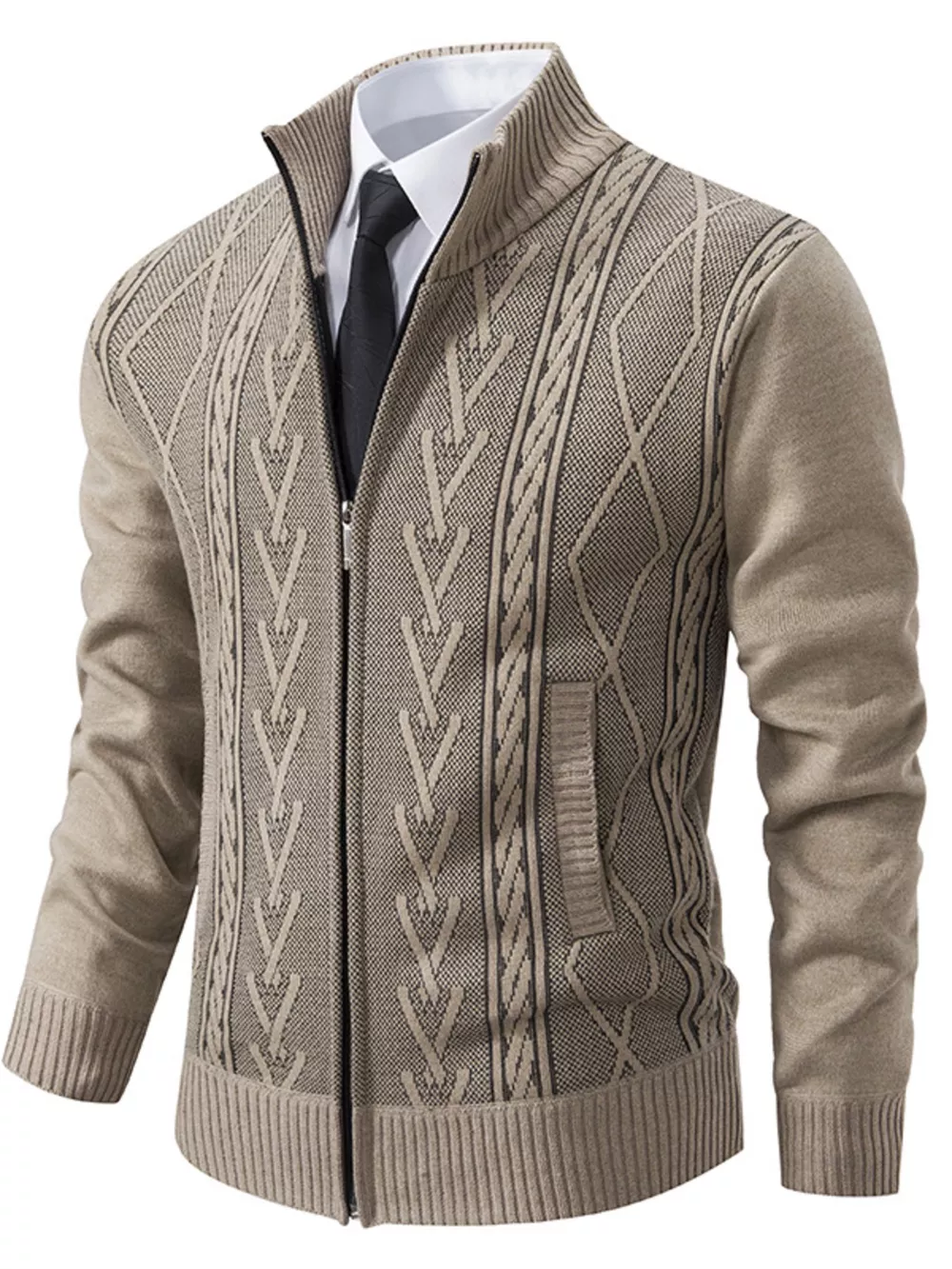 Men's Plus Size Stand-Collar Full-Zip Cable Knit Cardigan