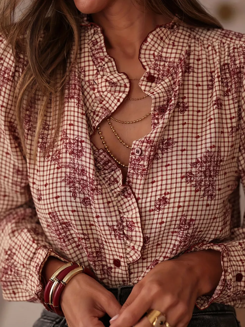 Frill Plaid Button Up Shirt, image 7