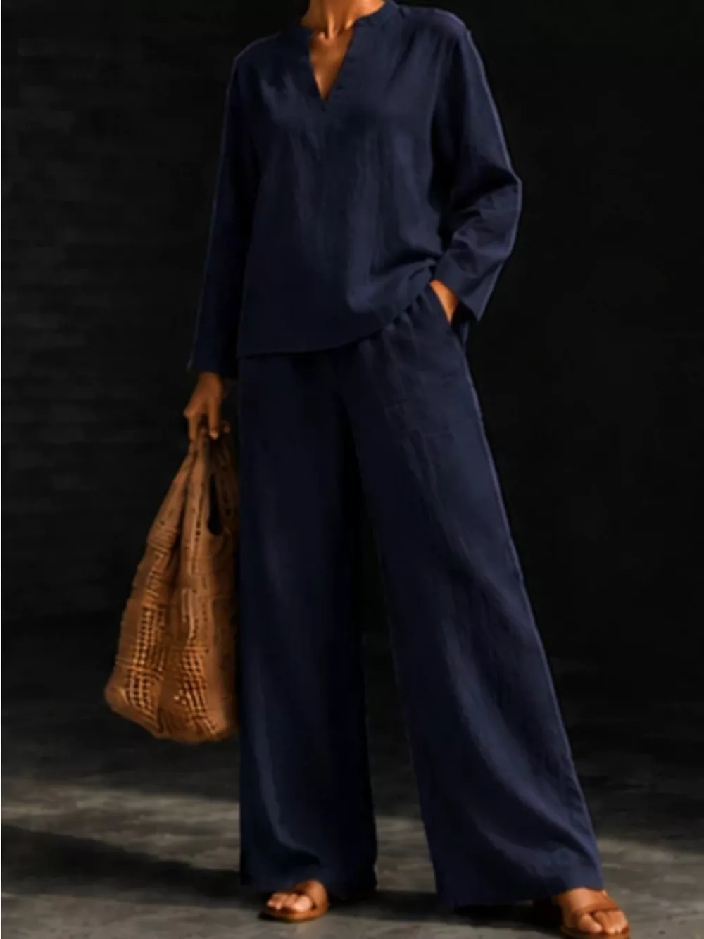 Notched Long Sleeve Top and Pants Set, image 21