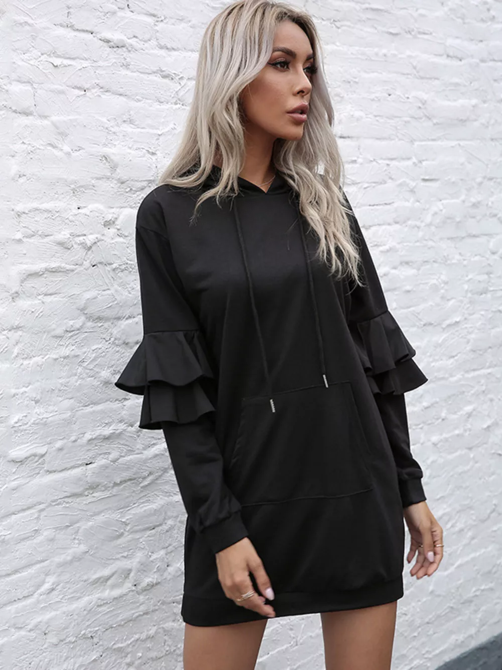 Ruffle Long Sleeve Hooded Mini Dress