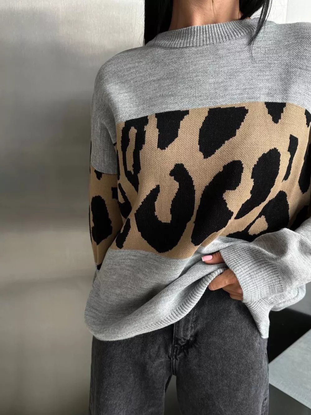 Leopard Color Block Round Neck Sweater, image 14