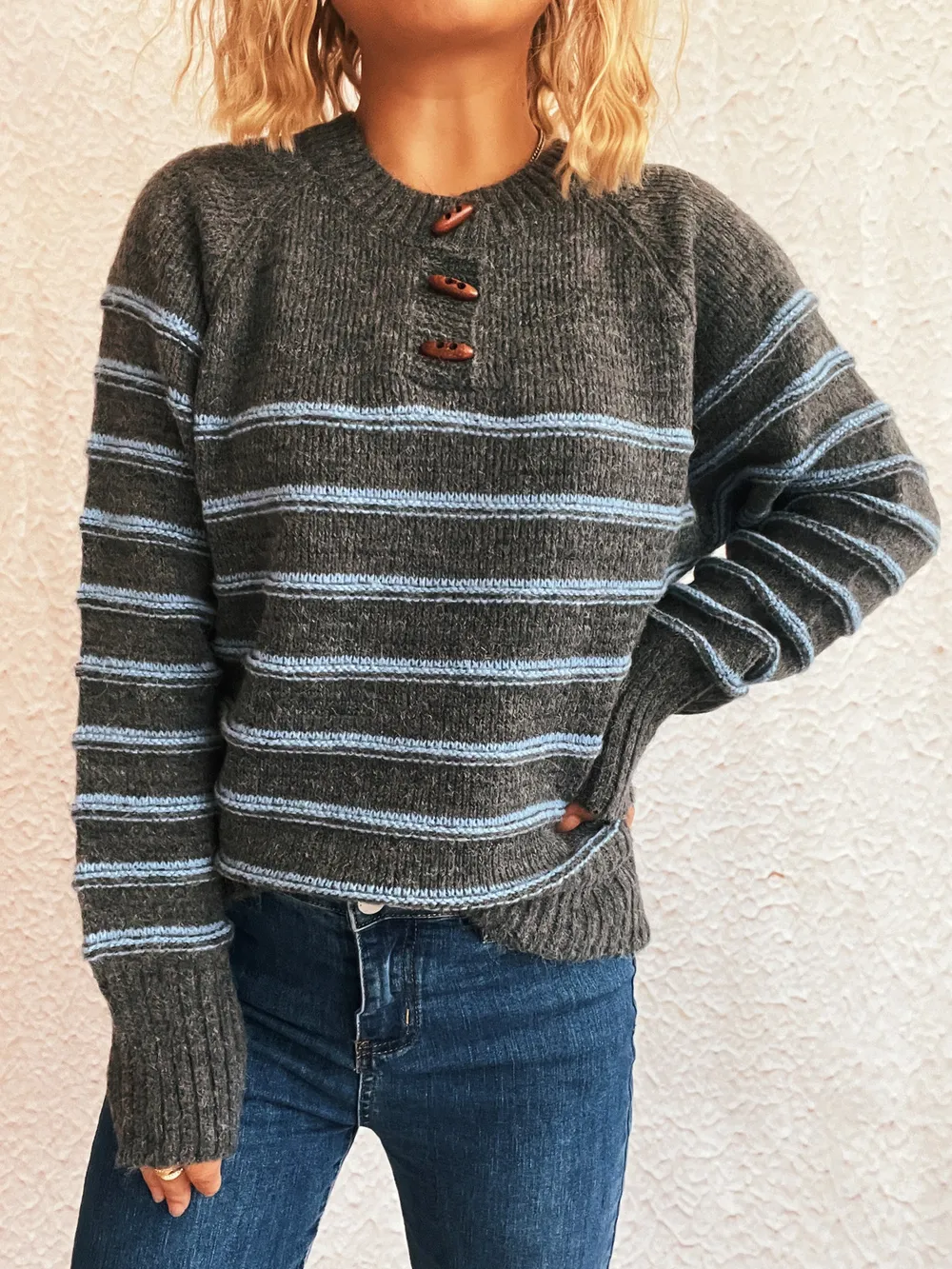 Striped Button Detail Long Sleeve Sweater, image 13