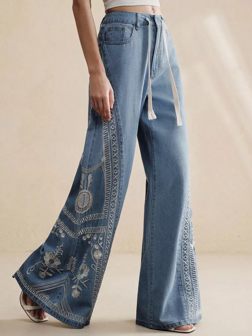 Embroidered Wide-Leg Drawstring Jeans, image 5
