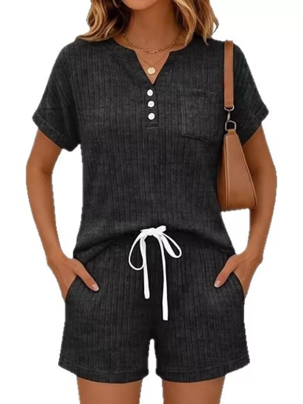 Casual Ribbed Knit Tee and Shorts Set, image 11
