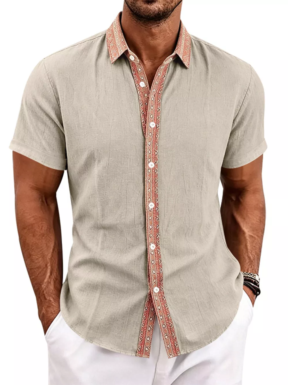Men's Full Size Casual Short Sleeve Linen Shirt Plus Size