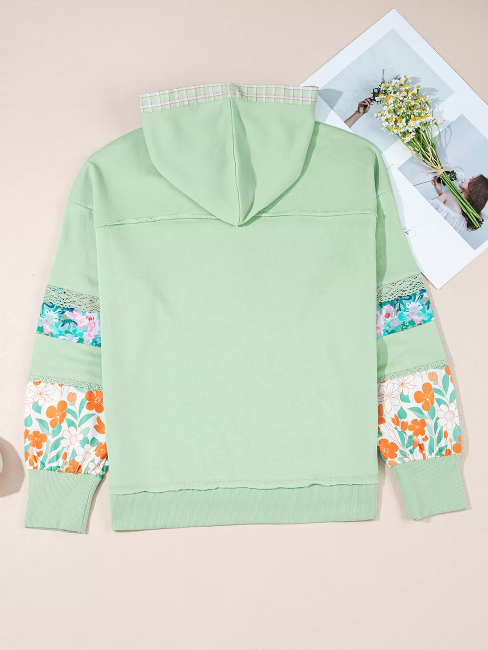 Lace Floral Patchwork Half Button Hooded Top, image 6
