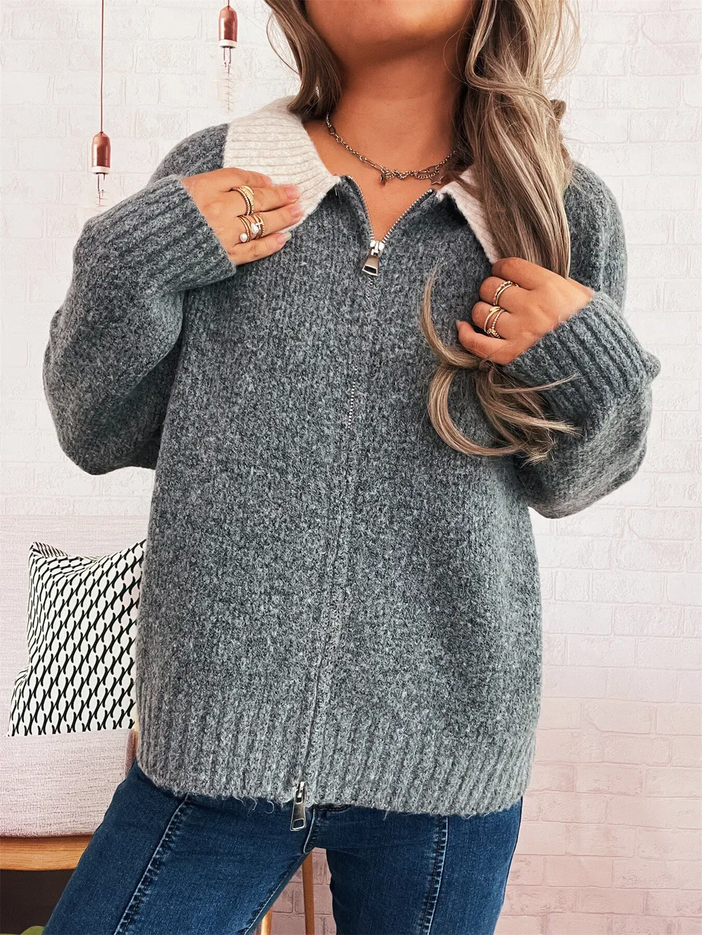 Contrast Collar Zip-Up Cardigan, image 7