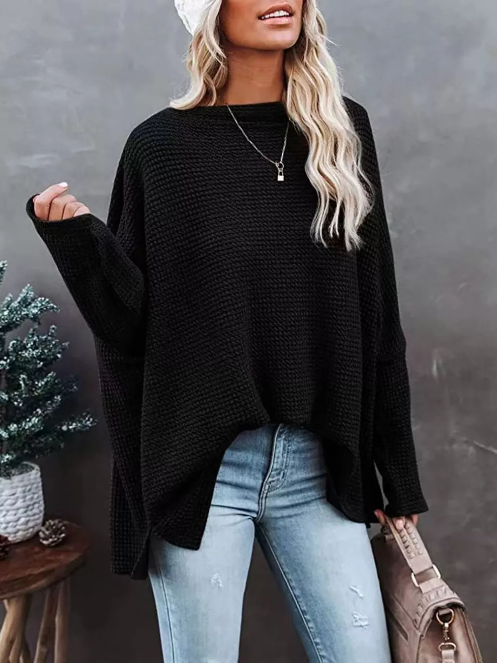 Boat Neck Waffle Knit Top, image 5