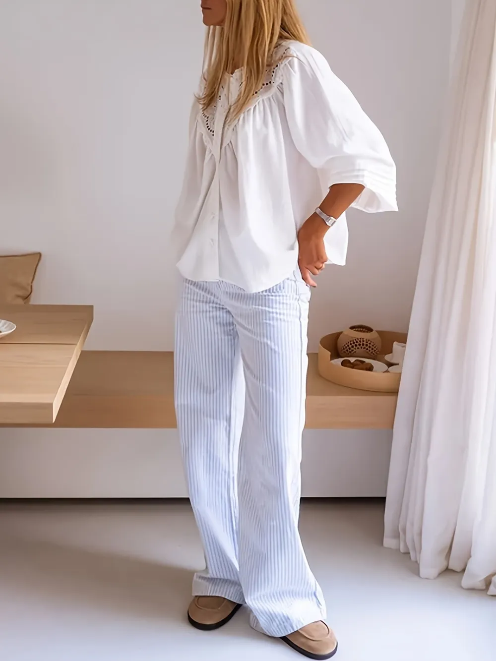 Eyelet Lace Detail Long Sleeve Blouse, image 4