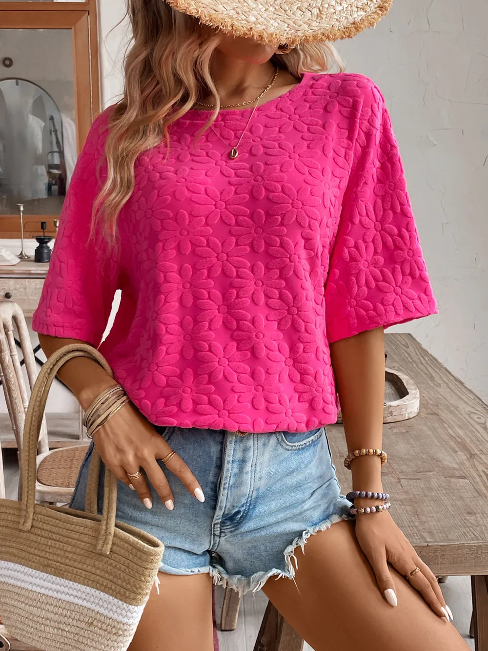 Textured Round Neck Oversized T-Shirt, image 5
