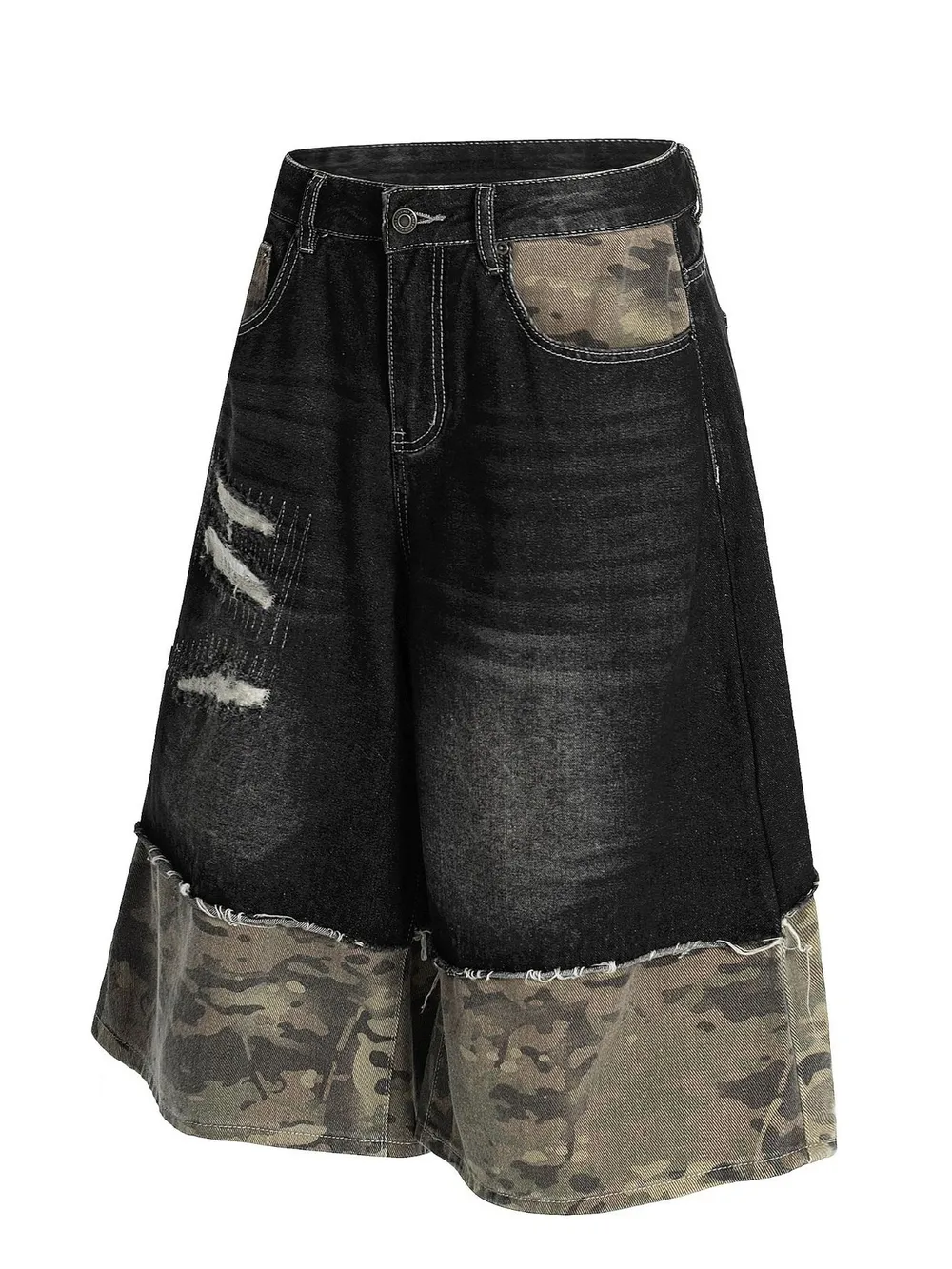 Men's Distressed Camo Panel Denim Shorts, image 2