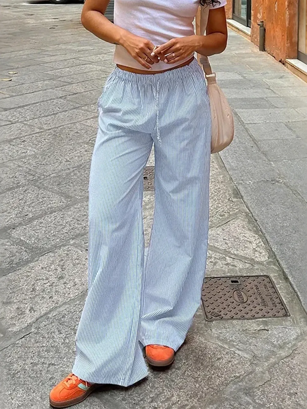 Striped Drawstring Wide Leg Pants
