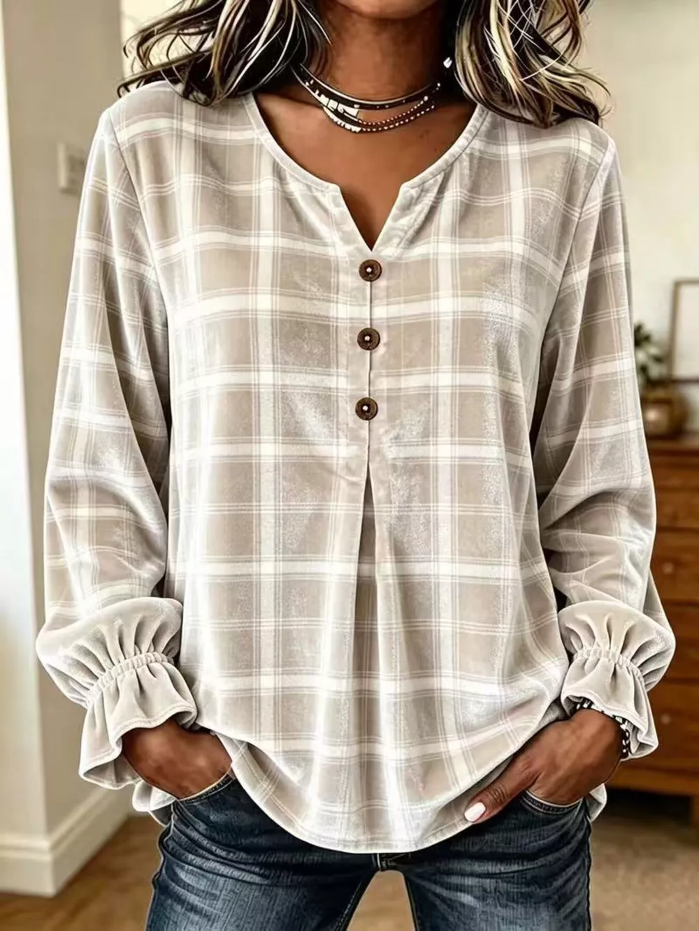 Full Size Plaid Velvet Flounce Sleeve Blouse Plus Size, image 19