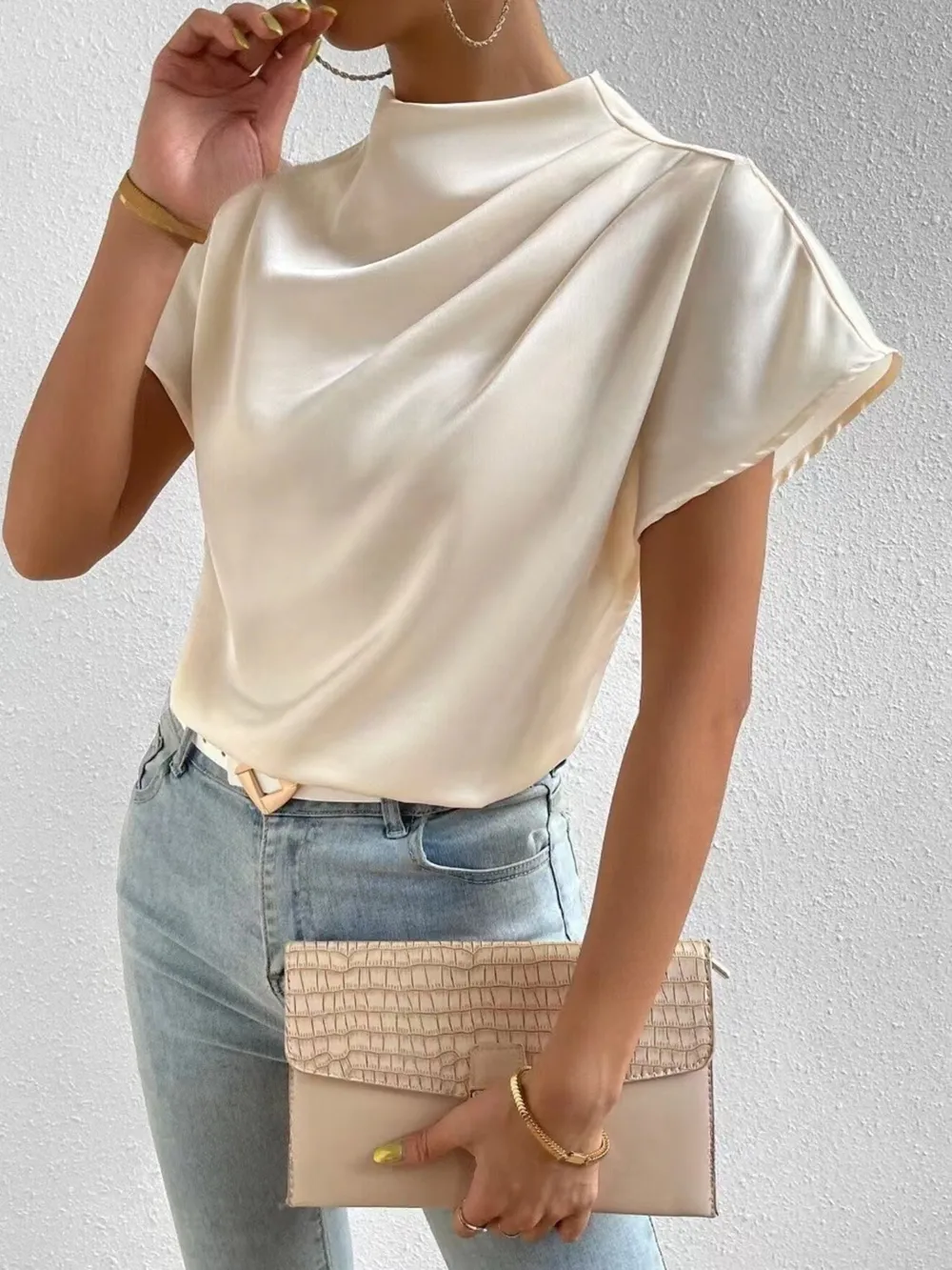 Mock Neck Short Sleeve Satin Blouse, image 3